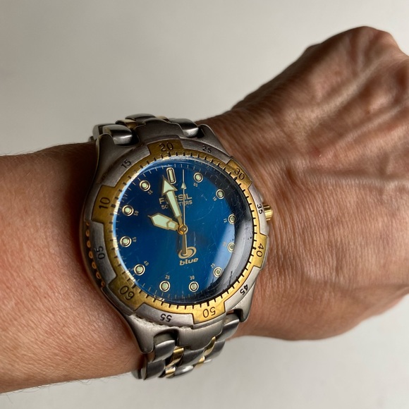 Vintage Fossil Watch Two Tone Blue Dial Round Silver Gold Bracelet am 3250 - Picture 4 of 10